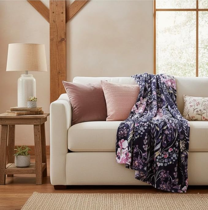 Floral Fleece Throw Blanket: Flowers Velvety Soft Vibrant Botanical Accent for Couch or Bed, Colors: Dark Navy Blue Pink Purple Yellow Green White, Oversized 50" x 70"