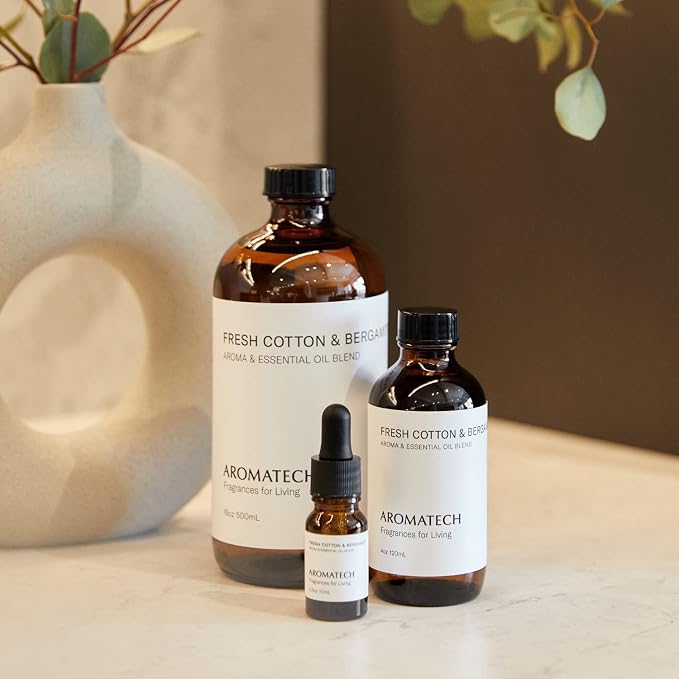 AromaTech Fresh Cotton and Bergamot Essential Oil Blend: Luxury Hotel Inspired Aromatherapy with Bergamot, Fresh Cotton & Sandalwood for Ultrasonic Diffusers & Nebulizers (120 mL)