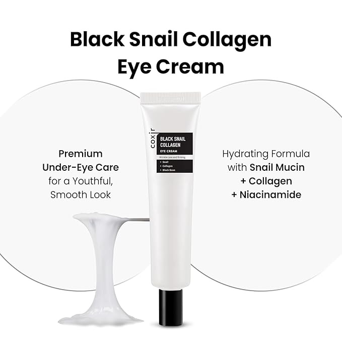 coxir Black Snail Collagen Eye Cream – Firming & Hydrating Snail Mucin, Collagen & Niacinamide for Puffiness, lifting & Dullness under eyes area | Korean Eye Treatment (30ml)