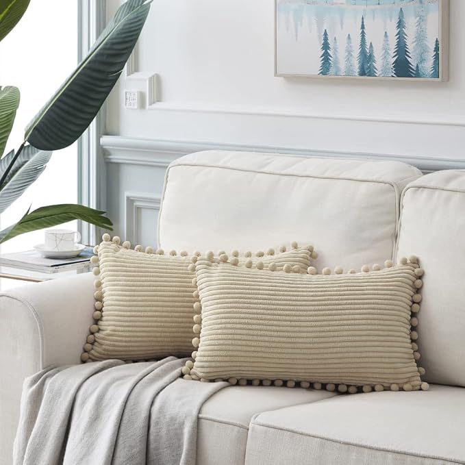 Fancy Homi Pack of 2 Tan Lumbar Decorative Throw Pillow Covers with Pom-poms, Soft Corduroy Solid Rectangle Cushion Cases Set for Couch Sofa Bedroom Car Living Room (12x20 Inch/30x50 cm, Beige)