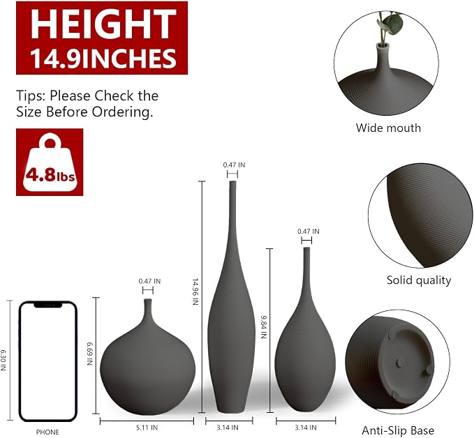 Relexome Black Ceramic Vase Modern Boho Wabi-Sabi Flower Vase Set of 3 Decorative Aesthetic Vases for Centerpieces Matte Minimalist Vases for Living Room Table Shelf Home Decor Gift