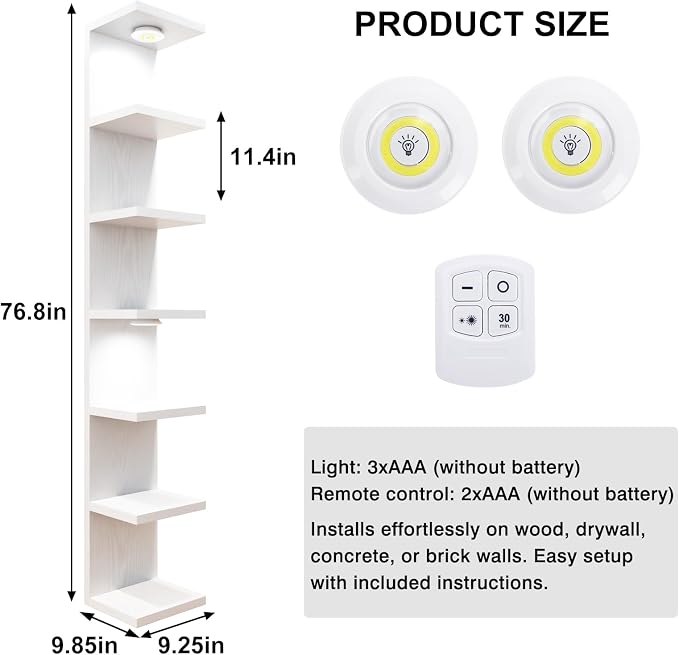 Fixwal 7 Tier Wall Shelf with LED Lights Lack Shelf for Room Deocr (White) | 76.8in Tall, Holds 44Lbs Total, Flexible Section Installation, Fits Any Room Decor