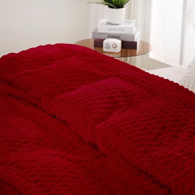 Puncuntex Red Throw Blanket 108"×90" inches Fuzzy 3D Jacquard Decorative | Flannel Fleece Super Soft Plush Cozy Blanket for Couch Sofa Chair Lightweight