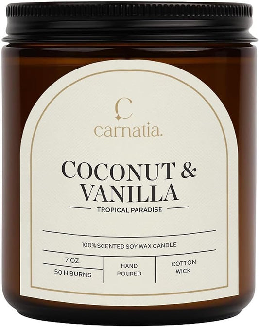 Carnatia Coconut & Vanilla Scented Candle – 7 oz | 100% Soy Wax with Cotton Wick | 50 Hour Burn | Aromatherapy Candle for Home, Stress Relief & Relaxation | Gift for Women & Men