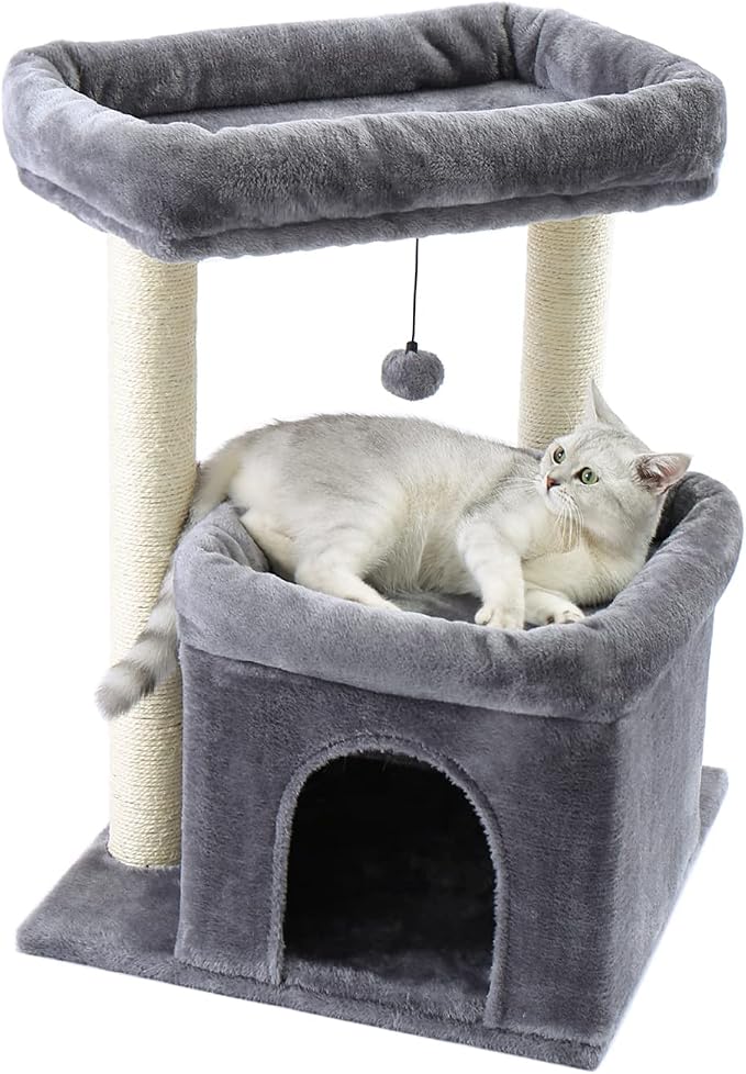 PEQULTI Cat Tree Tower for Large Indoor Cats, Extra Large Perch, Grey | Sisal wrapped scratch posts, oversized resting perch, sturdy cat tower furniture for indoor large cats