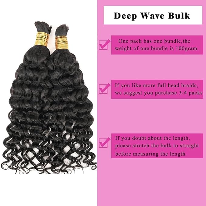 Human Braiding Hair Water Wave Human Hair Bulk for Boho Braids Brazilian Virgin Human Hair Bulk for Braiding no Weft Deep Curly Wet and Wavy Bulk 18inch(1Pack-1 Bundle-100g)