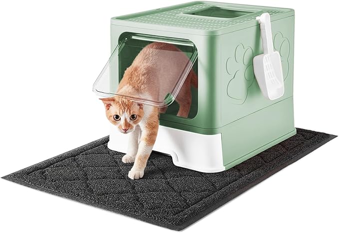Medario Cat Litter Box with X-Large Litter Mat and Scoop(Upgrade Green) | Large Covered Litter Box with Lid, Enclosed Kitty Box,Front Top Entry Exit, Odor Control Easy to Clean