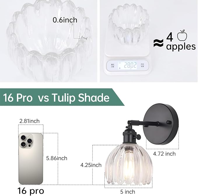 Shenmoyl Vintage Wall Sconce with Transparent Tulip Glass Lampshade 180 Degree Adjustable Black Sconce Hradwired Modern Wall Lighting Fixture with Switch for Bedside Bedroom Doorway