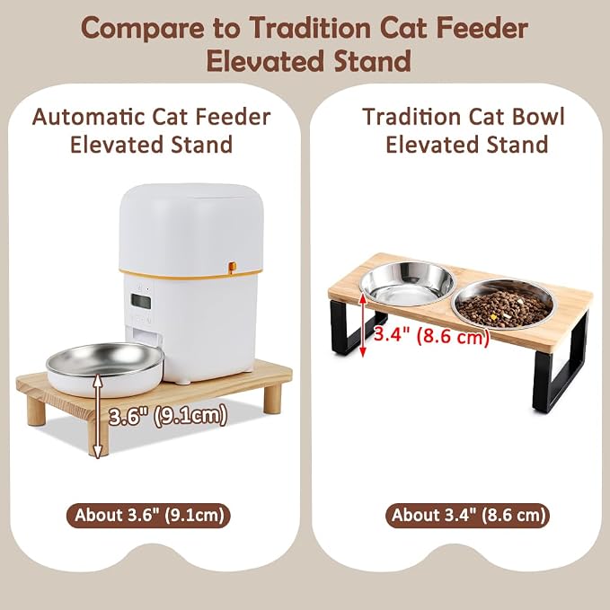 SZEE Cat Food Stand, Elevated Cat Feeder Stand for Automatic Feeder & Bowls | Lifted Cat Food Table Station, Raises Feeder/Bowl by 2 3/8", Relieves Spine and Joints Noticeably on Pets - Solid Pine Wood