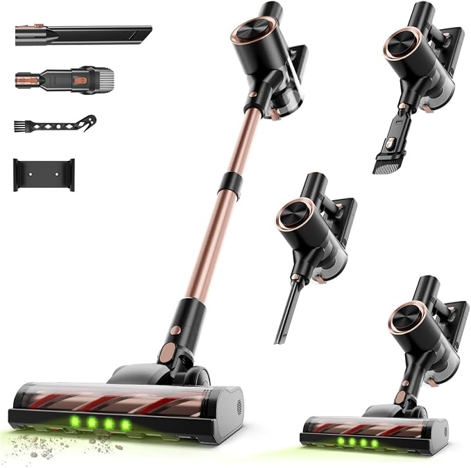 Cordless Stick Vacuum Cleaner - 45KPA Powerful Suction Vacuum with 45 Min Runtime, Detachable Battery, Anti-Tangle & 1.5L Dust Cup, 8 in 1 Vacuum Cleaner for Pet Hair, Carpet, HardFloor, Gold