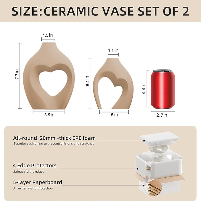 Ceramic Flower Vases Home Decor Heart Shaped Vase Set of 2 | Nordic Heart Shaped Vases Minimalist Decorative Vase for Table Centerpiece Wedding Dining Living Room Office House Decoration