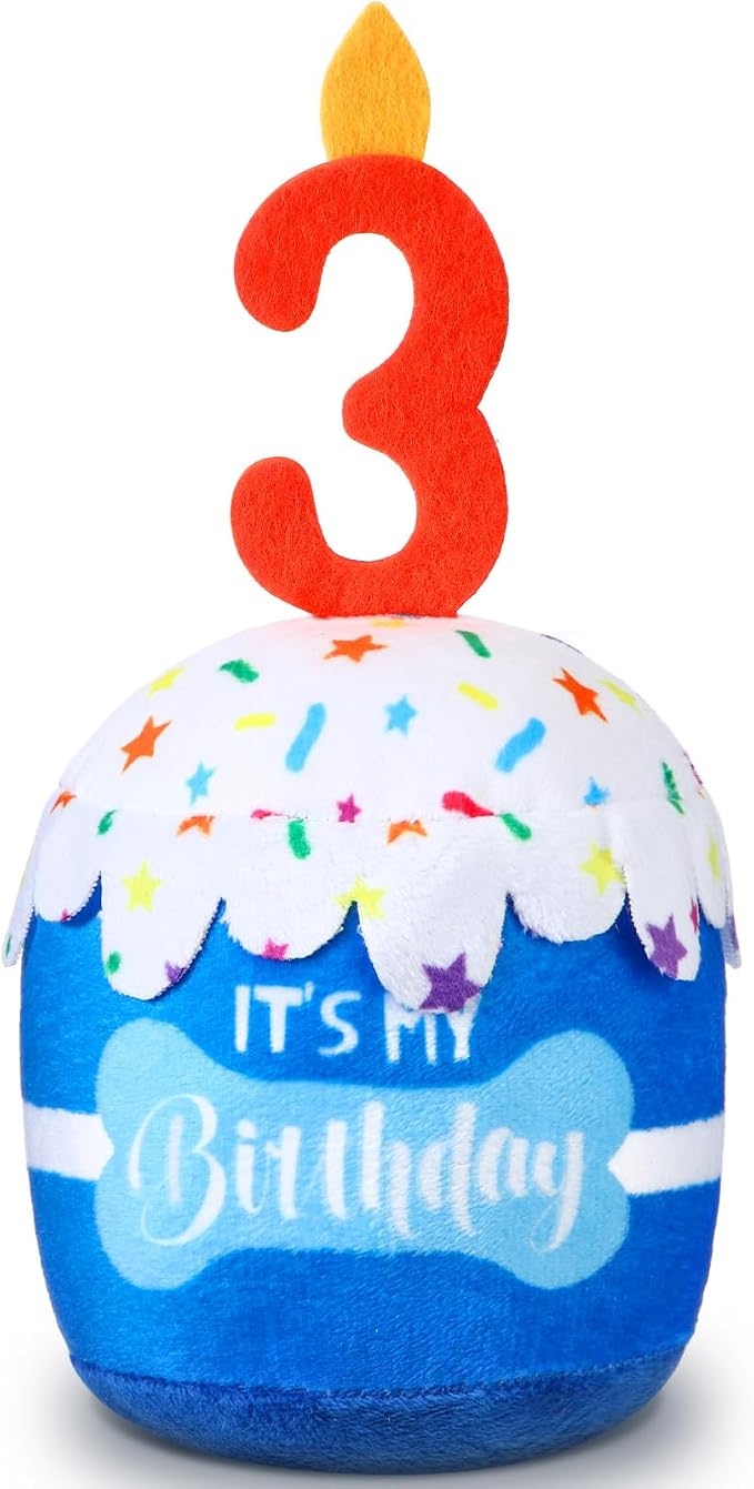 Dansydaisy Dog Birthday Cake Toy Squeaky Plush Gift,3rd,Blue