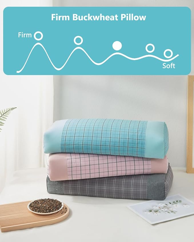 Buckwheat Cube Pillow for Side Sleepers, 19.6"x9.8" Neck Pain Relief Cervical Pillow, Buckwheat Hulls Filling & Customizable Height, Plaid Pillow Covers, Gray,Gray