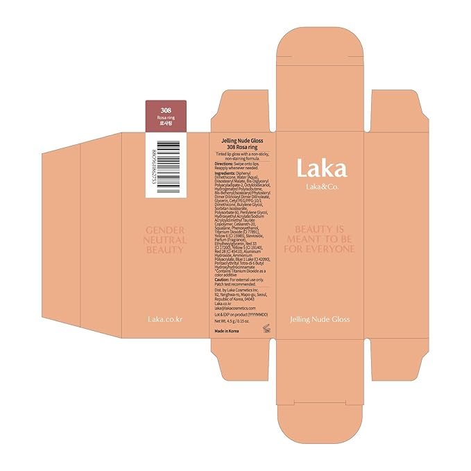 Laka Jelling Nude Gloss, 4.5g/0.15oz, Sheer Hydrating Lip Oil with No Stain, Non-Sticky, Nourishing Gloss for a Fresh, Glowy Look, Vegan, Clean Beauty Makeup, K-Beauty (#308 Rosa Ring)