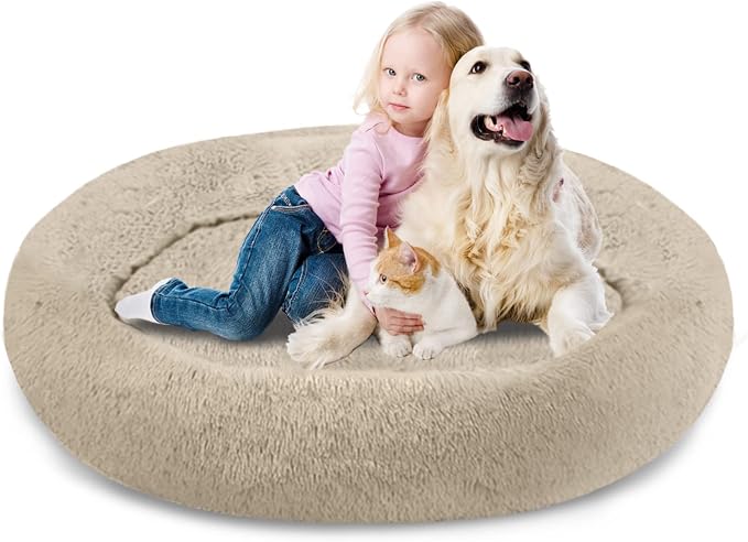 SAVFOX 54 inches Calming Donut Dog Bed - 3X Durable Plush Faux Fur, Machine Washable & Non-Slip, Fits up to 210 lbs, Removable Cover, Beige