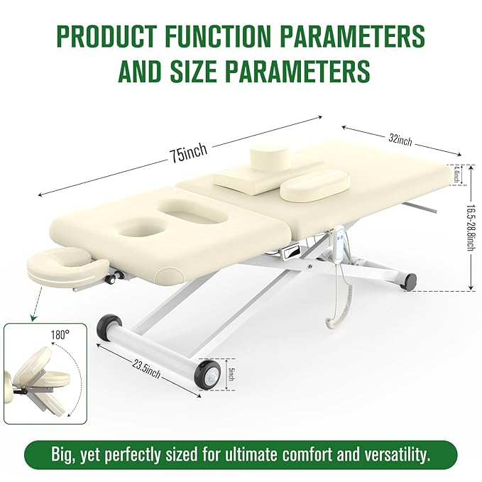 Electric Massage Table, Electric Lift Motor Height adjustable and Manual Backrest Adjustable Angle for Treatment/Medical Spa/Facial Bed/Beauty Bed/Massage Bed and More - 32 Wide x 75 Long - White