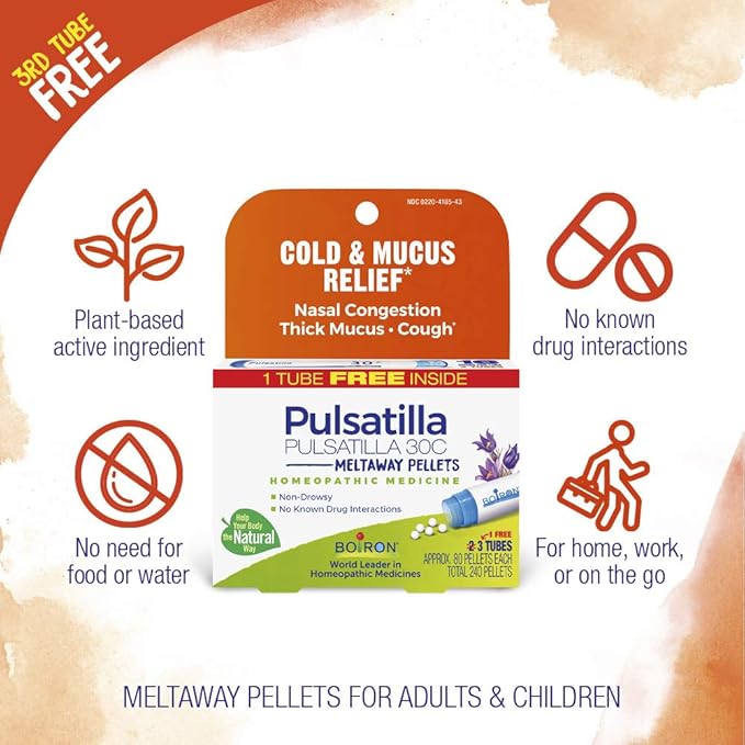 Boiron Pulsatilla 30C Homeopathic Medicine for Relief from Cold, Nasal Congestion, Thick Mucus, and Cough - 3 Count (240 Pellets) (Pack of 2)