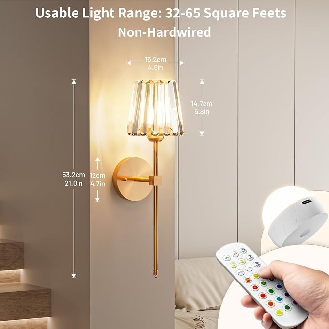 Crystal Battery Operated Wall Sconces Set of 2, Gold Rechargeable Wireless Wall Sconce Lights with Crystal Lampshade, 12 RGB and 3CCT Dimmable Wall Lamps with Remote for Bedroom Living Room Hallway