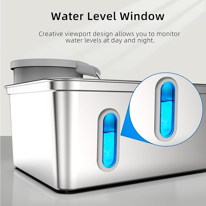 8L/270oz Stainless Steel Large Dog Water Fountain Dispenser Bowl | Premium stainless steel filtered dog water bowl and quiet large dog fountain. Visible water level window, great for cats.