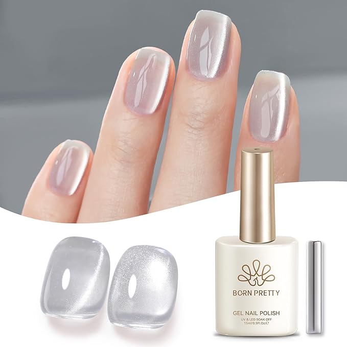 Born Pretty Silver Cat Magnetic Eye Gel Nail Polish 15ML,Jelly Glass Silver Crystal Glitter Shimmer Translucent Magnetic Gel Polish with Magnet,Soak Off U V Gels for Women Girl