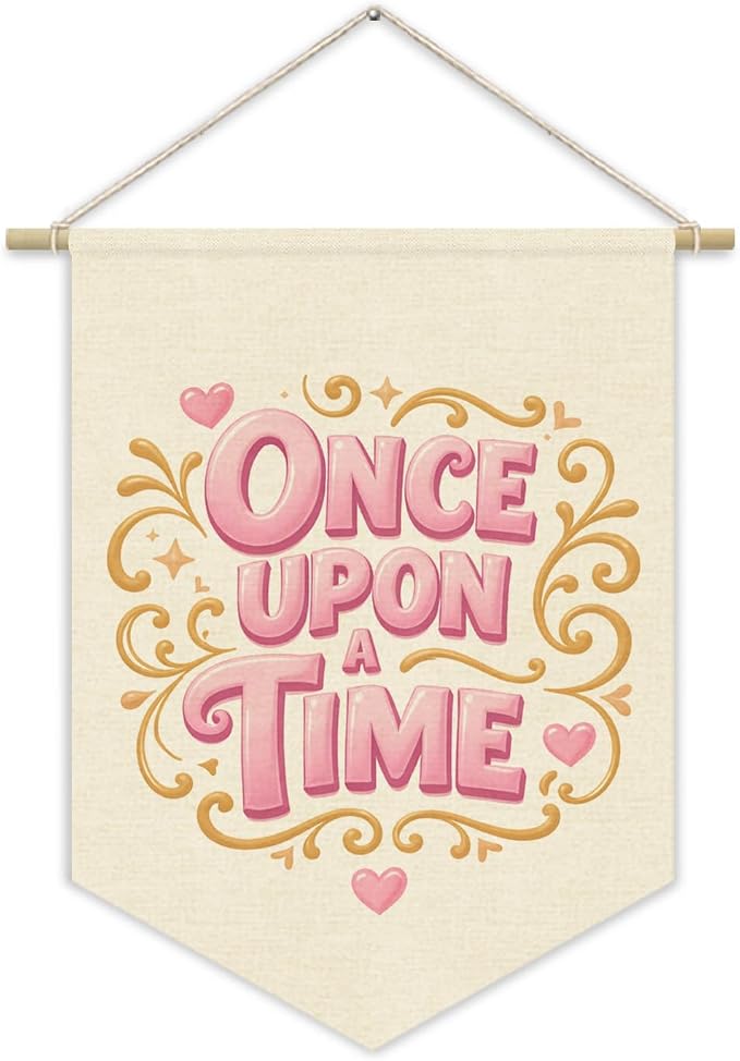 Once Upon A Time Princess Room Decor for Girls, Pink Pennant Banner for Baby Girl Nursery Book Shelf Wall Hanging, Princess Playroom Toddler Bedroom Reading Corner Decorations 15x11 Inch