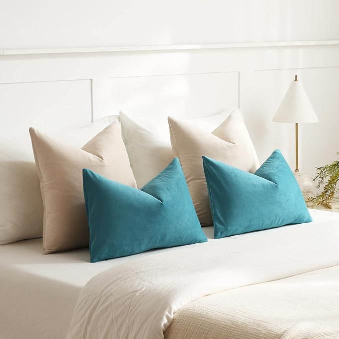Euro Sham Covers 24x24 Beige: Pack of 2 Cozy Soft Velvet Square Modern Luxury Decorative Throw Pillow Cases for Sofa Couch Living Room Bed Home Decor