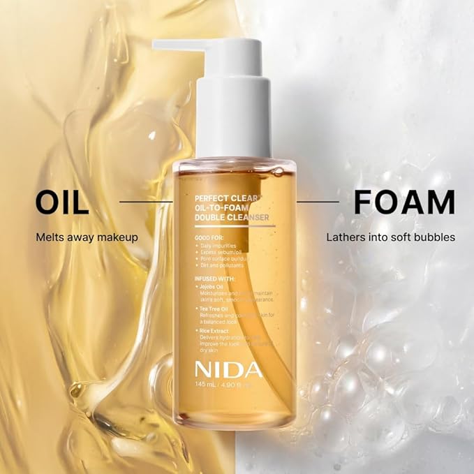 NIDA Perfect Clear™ Oil-To-Foam Double Cleanser | Jojoba Oil, Tea Tree Oil, Rice Extract | Good for Daily Impurities, Excess Sebum, Pore Cleaning, Blackheads, Dirt and Pollutants | 4.90 fl. oz., 145ml