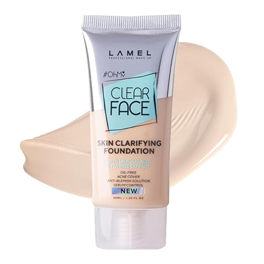 LAMEL Oh My Clear Face Full Coverage Foundation for Oily & Acne Prone Skin, Salicylic Acid & Tea Tree Extract, Anti-Blemish Sensitive Skin Care, Organic & Oil-Free, 401 Soft Beige, 40 ml / 1.35 fl.oz