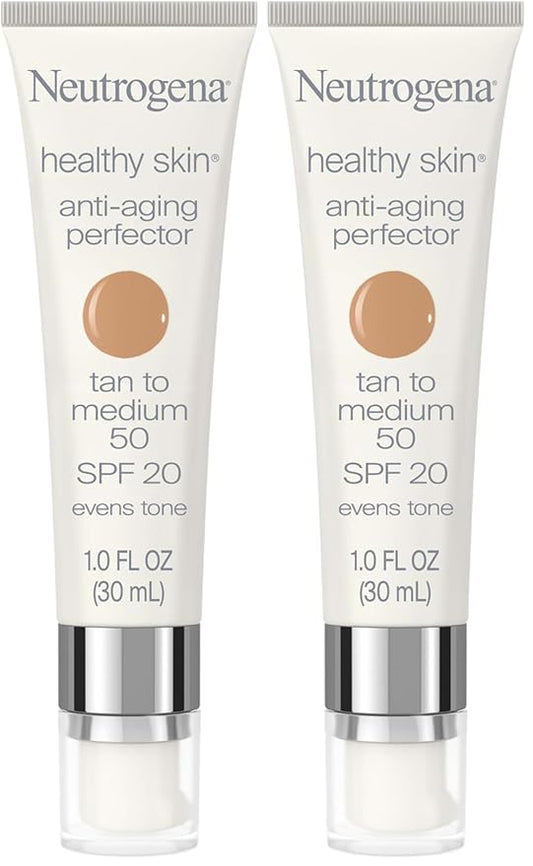 Neutrogena Healthy Skin Anti-Aging Perfector Tinted Facial Moisturizer and Retinol Treatment with Broad Spectrum SPF 20 Sunscreen with Titanium Dioxide, 50 Tan to Medium, 1 fl. oz (Pack of 2)