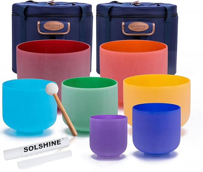 SOLSHINE Set of 7 Colored Crystal Singing Bowl 6''-12'' For Meditation Sound Healing with 2 Travel Carry Case Bag and Singing Bowl Resonance Striker