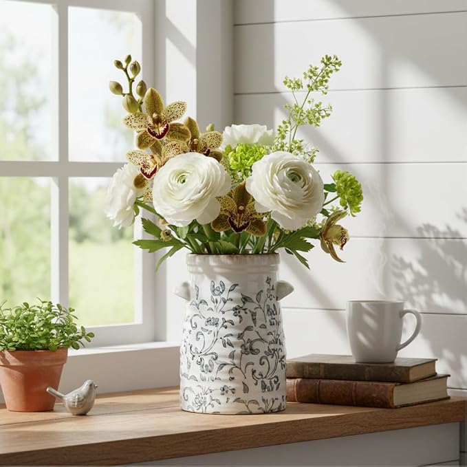 SIDUCAL Ceramic Gray and White Vase with 2-Ear, 8 Inch Ice Cracked Vintage Pastoral Vase, Rustic Farmhouse Vases for Home Decor, Table, Living Room, Shelf Decor, Chinoiserie Decor, Gray Floral Pattern