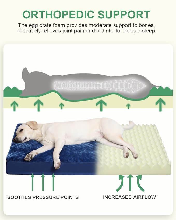 KSIIA Orthopedic Dog Bed for Extra Large Dogs with Waterproof, Blue, 47x29 | Deluxe Soft Plush Dog Crate Bed, Washable Pet Mat with Removable Cover & Egg Crate Foam for Extra Large Dogs Sleeping