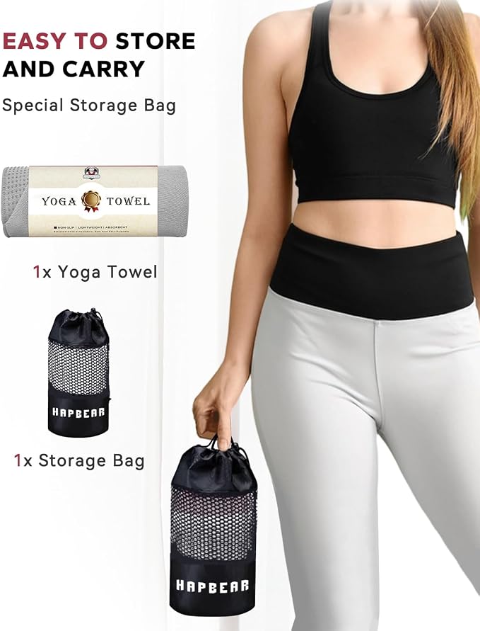 HAPBEAR Hot Yoga Towel with Non-Slip Grip Dots, 72" x 24" - Super Absorbent, Soft Microfiber Yoga Mat Towel for Bikram, Gym, Pilates - Grey