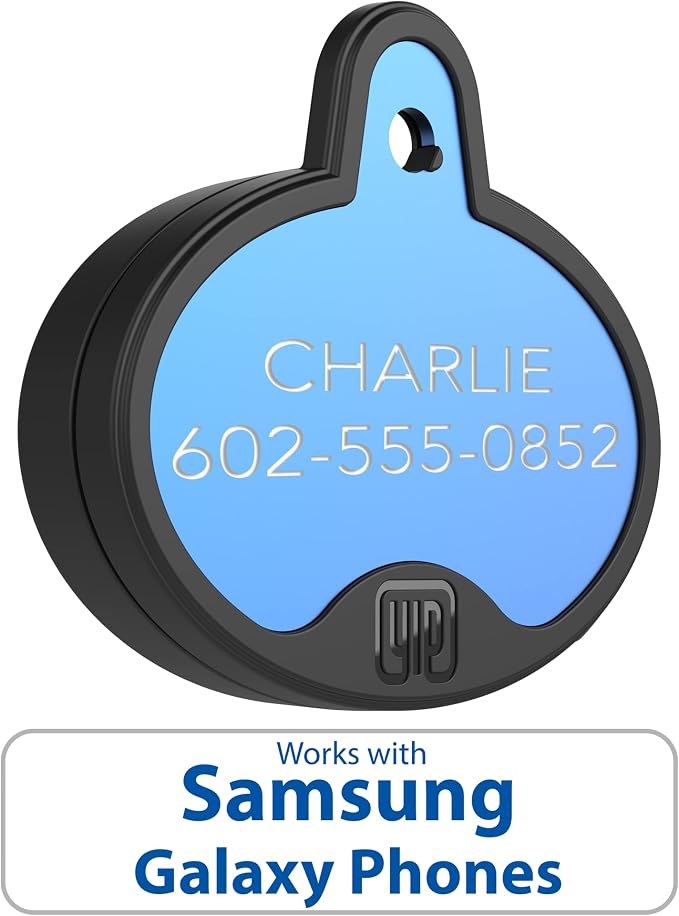 YIP Smart Tag ID & Custom Engraved Dogs Tracker - Compatible with Samsung Galaxy (No GPS Subscription Or Monthly Fee) Pets Collar Location Oval Blue