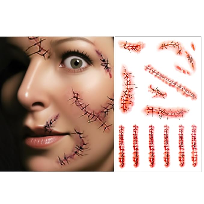 Horror Realistic Fake Bloody Wound Stitch Scar Scab Waterproof Temporary Tattoo Sticker Halloween Masquerade Prank Makeup Props