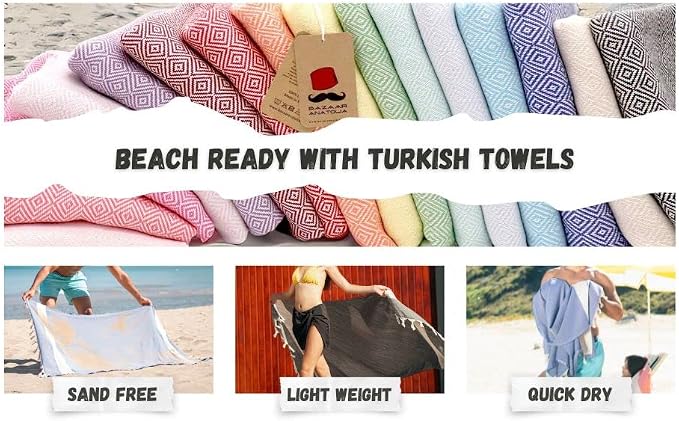 Bazaar Anatolia Turkish Beach Towel – 100% Cotton, Quick Dry, Sand Free Towel for Bathroom, Camping, Travel – Oversized 71x39 Inches – Diamond Purple