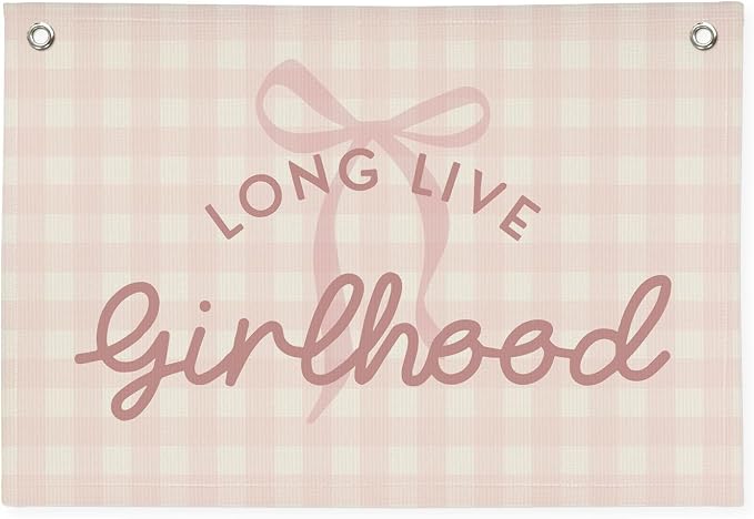 Pink Cute Room Decor Long Live Girlhood Banner, Coquette Bow Girls Room Decor for Nursery Playroom Wall Hanging Linen Flag,Baby Girls Bedroom Decorations,Baby Showers Newborn Gift 30x20 girlroom