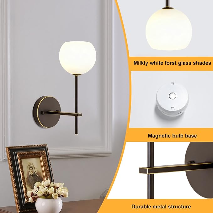 Brown Gold Battery Operated Wall Sconces Set of 2, Rechargeable Wireless Wall Lights with Milky White Frosted Glass, 12 RGB and 3CCT Dimmable, Wall Lamps with Remote for Bedroom Living Room Hallway