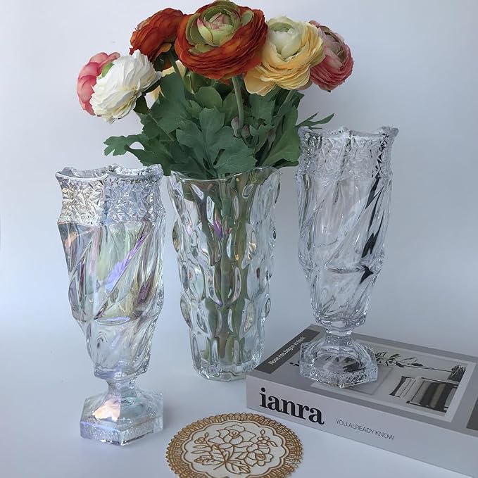 Glass Flower vase 2.4lb 9.5inch,Bohemian Style, for Centerpieces,Wedding,Home Decor Glass Vase (Clear)
