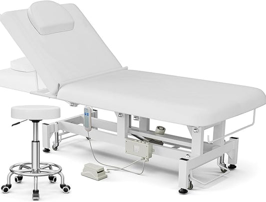 Icoget Electric Lift Massage Table Bed and Stool, Spa Facial Treatment Table w/Face Hole, Adjustable Backrest Medical Table Beauty Beds for Esthetician, Wax, Lash Extension,White