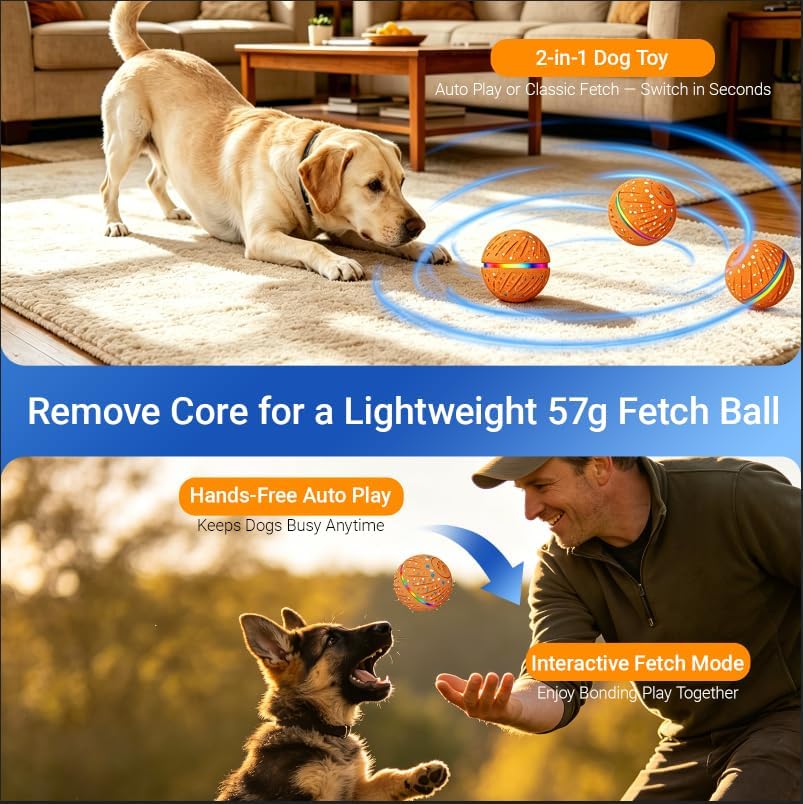 Interactive Dog Ball Toy, Automatic Rolling & Bouncing, LED, Orange
