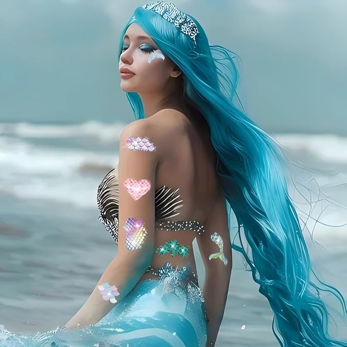 90 Pcs Glitter Mermaid Scale Tattoos for Girls Kids, 10 Sheets Mermaid Scale Temporary Tattoos for Girls Women Birthday Party Supplies Gifts Decorations