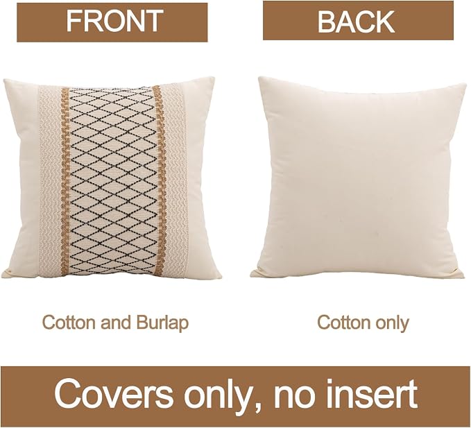 Throw Pillow Covers 16 x 16 Inch 1PC for Farmhouse Living Room, Cotton & Burlap Textured Striped Woven Boho Pillow Covers (Beige & Black Grid)