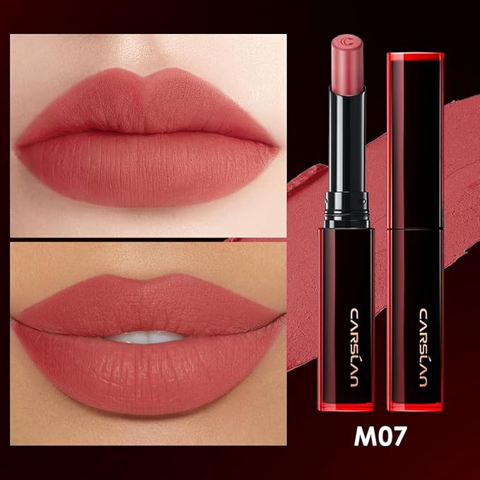 CARSLAN Light Cream Longwear Lipstick, 12H Longlasting Matte Lipstick, High Impact Lip color with Moisturizing Formula with Vitamin E, M07, 0.06 Oz