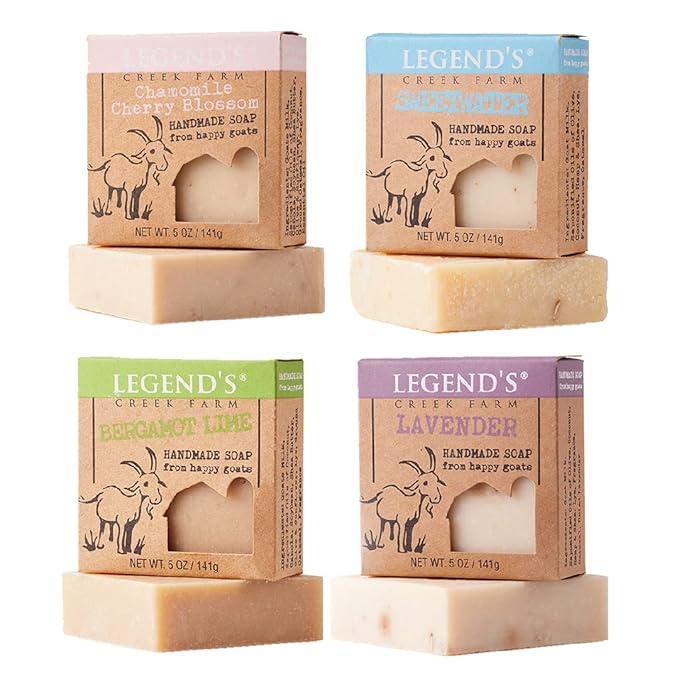 Legend's Creek Farm Goat Milk Soap - Cleansing Moisturizing Bar for Hands and Body - 5 Oz Natural Soap for Sensitive Skin, Handmade in USA (4-Pack: Lime, Cherry, Sweetwater, Lavender)