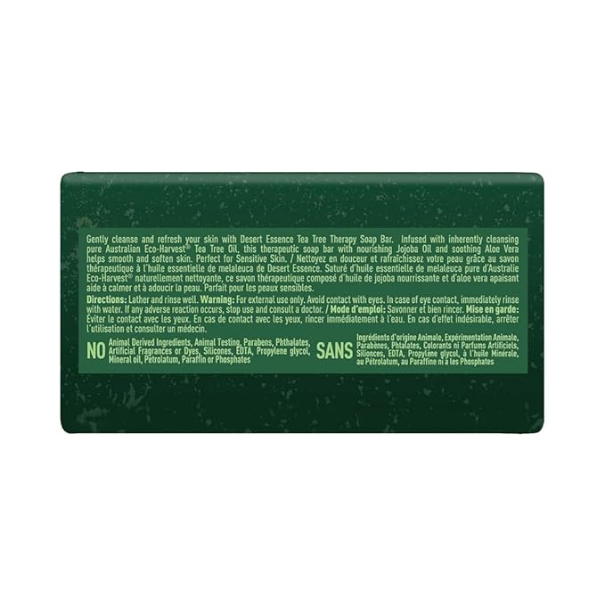 Desert Essence Tea Tree Therapy Cleansing Soap Bar - Botanically-Based with Sustainable Palm Oil, Eco-Harvest® Tea Tree, Jojoba Oil, Aloe – Safe for Sensitive Skin, Face & Body, Vegan, Cruelty-Free