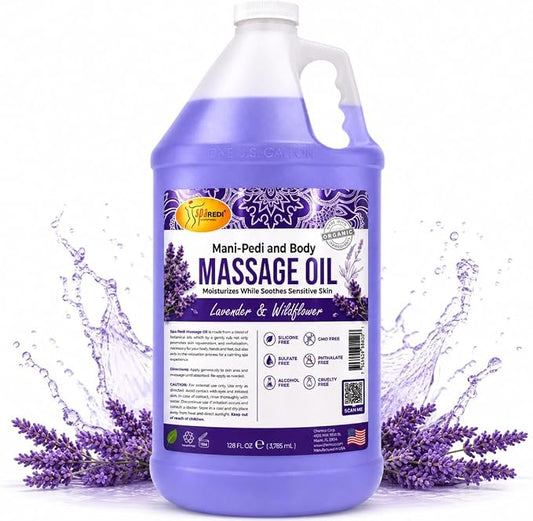 SPA REDI - Massage Oil, Lavender Wildflower, 128 Oz Professional Pedicure, Manicure, Full Body Massage Therapy With Almond Oil, Cotton Seed Oil, Sunflower Oil, Avocado Oil, Essential Oils Pkg May Vary