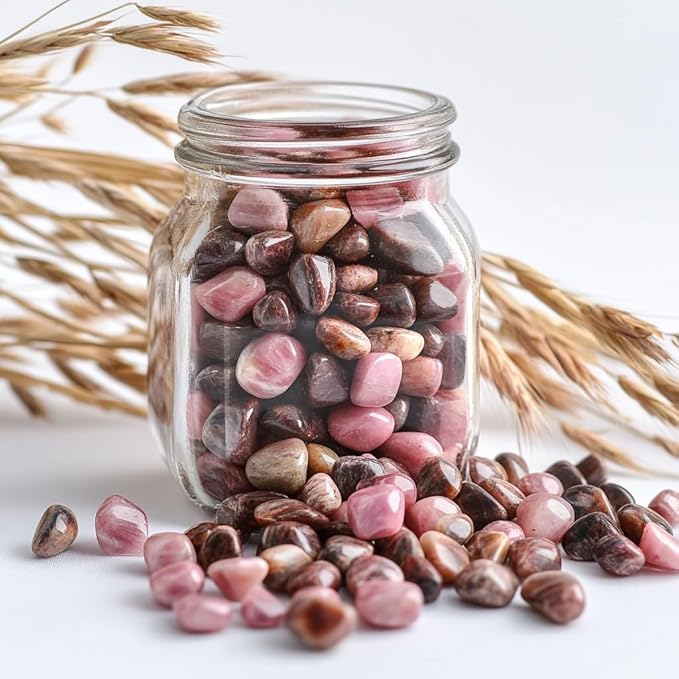 Polished Rhodonite Crystal Chips 200 Pcs - 0.3" 10 oz Tumbled Stone Chips Crushed Sea Glass Stones Healing Reiki Crystal Making Home Decoration