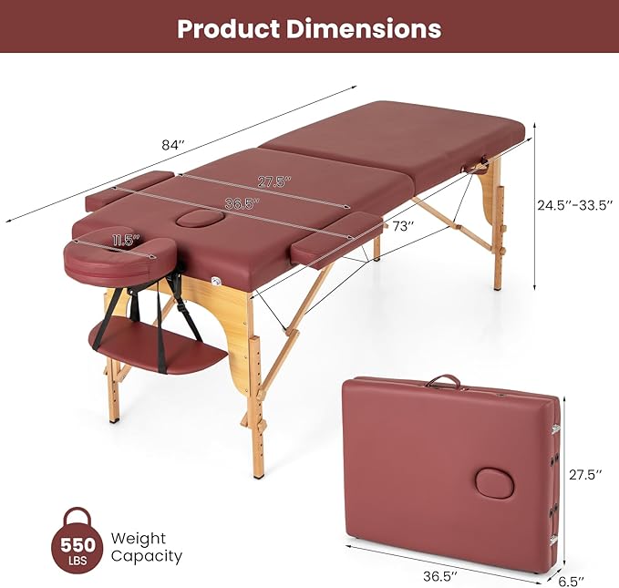 Giantex Massage Table, Portable Massage Bed w/Carrying Case, 2-Section Salon Spa Facial Care Tattoo Bed, Height Adjustable, Wood Frame, Professional Massage Lash Bed for Eyelash Extension (Red)