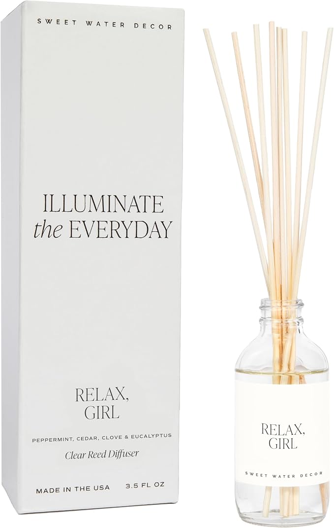 Sweet Water Decor Relax Girl Clear Reed Diffuser Set – Aromatherapy Home Fragrance with Peppermint, Cedar, Clove & Eucalyptus Notes – Long-Lasting Scent for Bedroom & Bathroom – Lasts Up to 4 Months